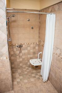 a bathroom with a shower with a shower curtain at Balcones del Beagle Apart in Ushuaia +59 photos