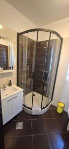 a shower with a glass door in a bathroom at Apartments Miočić in Zadar +39 photos