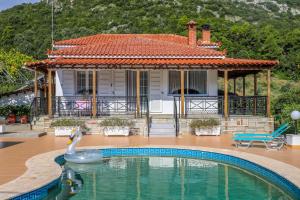 a swan in a pool in front of a house at VILLA MITZELOS in Skiathos