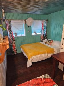 two beds in a room with green walls at Tio Toms Guesthouse in Bastimentos