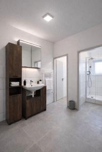 a bathroom with a sink and a mirror and a shower at Monteurzimmer Saarland in Merchweiler