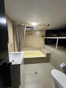 a bathroom with a tub and a sink and a toilet at Afrodita Chalet in El Peñol +32 photos