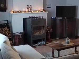 a living room with a fireplace with a stove at Le Relais du Malpas in Namur