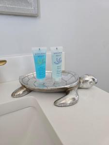 a tray with two bottles of sunscreen on a bathroom counter at Luxurious Eastern Shore Getaway in Milton +41 photos