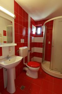 a red and white bathroom with a toilet and a sink at Pensiunea Maria , Floresti in Floreşti