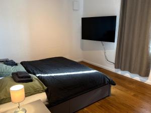 a bedroom with two beds and a flat screen tv at Apartment Landblick in Bohmte