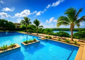 a swimming pool with palm trees and a lake at Riverfront Villa 069 in Terre Rouge