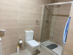 a bathroom with a toilet and a shower at Simas Confort Plateau in Praia