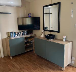 a room with a tv and a dresser with a mirror at Mobil Home avec WIFI -6-8 Personnes in Lattes