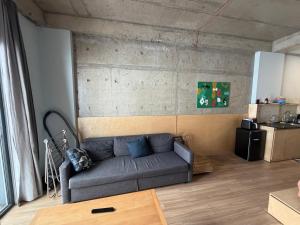 a living room with a gray couch in a room at Art house in Kʼumlistsʼikhe +4 photos