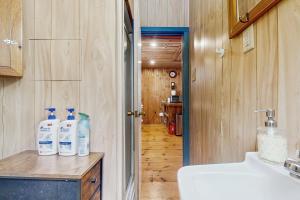 a bathroom with three bottles of cleaning products on a counter at Fornuto Cabin in Wardsboro +20 photos