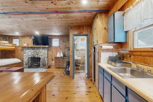 a kitchen with a sink and a fireplace in a cabin at Fornuto Cabin in Wardsboro