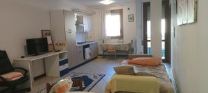 a living room with a couch and a tv and a kitchen at Abate Appartament in Correzzola