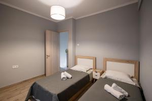 a bedroom with two beds and a door with a window at Γιώργος και Εύα in Karianí