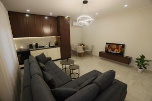 a living room with a couch and a tv at The Swan Nest 1 in Pogradec