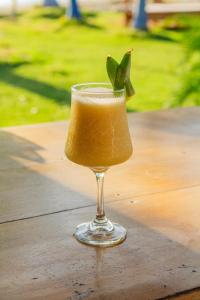 a glass of orange juice with a green leaf in it at Tintipan Hotel in Tintipan Island