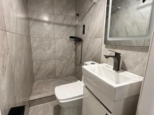 a bathroom with a sink and a toilet and a mirror at Meridian Hotel in Almaty