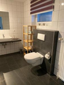 a bathroom with a toilet and a sink at Ferienwohnung Sonnenplatz in Fehmarn +7 photos