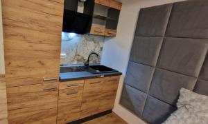 a kitchen with a sink and a counter top at Zafibo Gästehaus in Quickborn