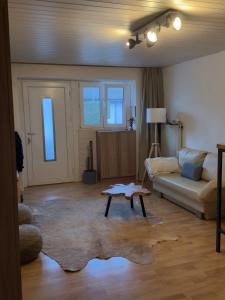 a living room with a couch and a coffee table at Ruhiges Apartment am See in Altnau