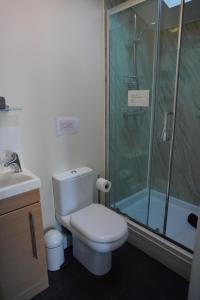 a bathroom with a shower and a toilet and a sink at Acorn Cottage, Ashover in Ashover +21 photos