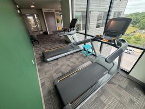 an overhead view of a gym with two tread machines at Blackbeam Suite in Des Moines