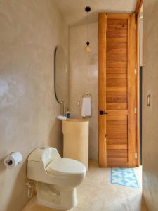 a bathroom with a toilet and a mirror and a door at suite tropical en oasis tropical del centro de Mérida in Mérida +37 photos