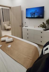 a bedroom with a bed and a dresser with a television at Apartahotel MONACO in Ginebra