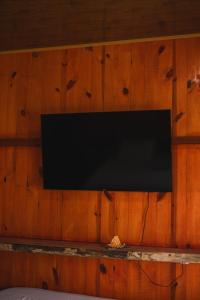 a flat screen tv on a wooden wall at Pousada Delta Chalés in Tutóia