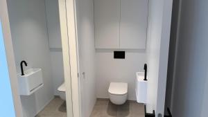 a white bathroom with two toilets and a sink at The 996 Business Flat in Lommel +6 photos