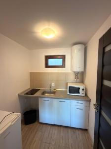 a small kitchen with a sink and a microwave at Casa David Turda in Turda