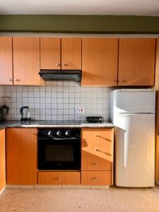 a kitchen with wooden cabinets and a white refrigerator at Forty Columns flat in Paphos