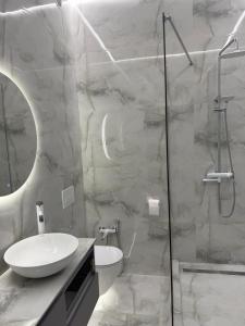 a bathroom with a sink and a glass shower at ЖК Елегія парк in Odesa +14 photos