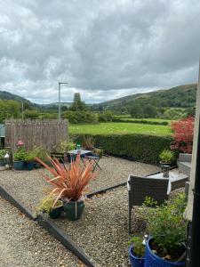a garden with a table and chairs and plants at Rosehill annexe in Knighton
