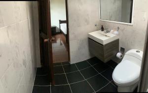 a bathroom with a toilet and a sink and a mirror at Finca Hotel San Sebastian in La Paloma +8 photos