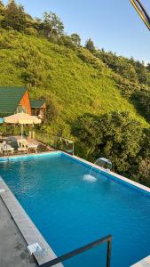 a large blue swimming pool in front of a hill at Silent Hill მშვიდი გორა in Batumi