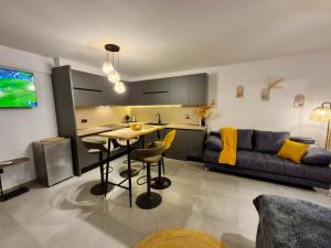 a kitchen and living room with a couch and a table at Boho Studio Enjoy in Neoi Epivates