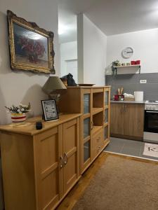 a kitchen with wooden cabinets and a painting on the wall at Mira in Čajetina