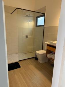 a bathroom with a shower with a toilet and a sink at Villa Vazquez in Capiatá