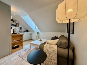 a living room with a couch and a table at Studio du Vieux Marché in Romorantin