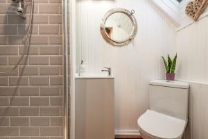 a bathroom with a toilet and a sink and a mirror at WeeLoft - St Andrews Studio Apartment in St. Andrews