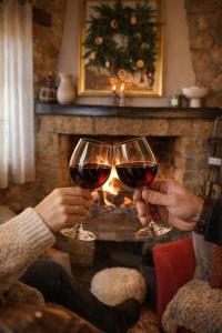 two people holding wine glasses in front of a fireplace at Petrino Lodge Stone Mountain Retreat in Kato Trikala Korinthias +20 photos