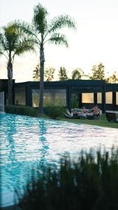 a swimming pool with palm trees in front of a building at Hathor Concordia in Concordia