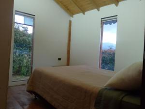 a bedroom with a bed and two large windows at Cabaña Ortiz in Guatavita