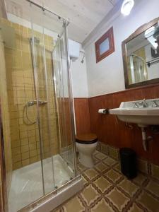 a bathroom with a shower and a toilet and a sink at mola espesa 3 in Morella +5 photos