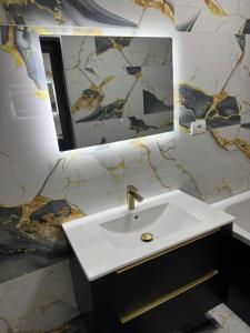 a bathroom with a sink and a mirror at Timi&Amos2 in Caransebeş