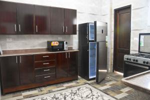 a kitchen with wooden cabinets and stainless steel appliances at Amenirdis Villa in Al Qurnah