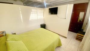 a bedroom with a green bed and a tv at SUITE AMOBLADA TODO INCLUIDO in Quito