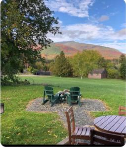 a group of picnic tables and chairs in a park at Mountain View Cottage in Wilmington