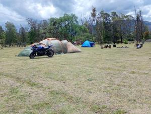 a motorcycle parked in a field next to tents at Camping Ali bosque in Sáchica +5 photos